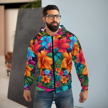 Sudadera con capucha y cremallera unisex con diseño de estampado floral tropical de inspiración hawaiana vibrante (AOP)