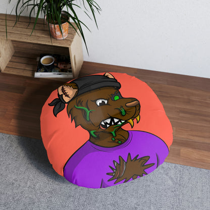 Brown Fur Wolve Cyborg Black Bandana Wolf Tufted Floor Pillow, Round