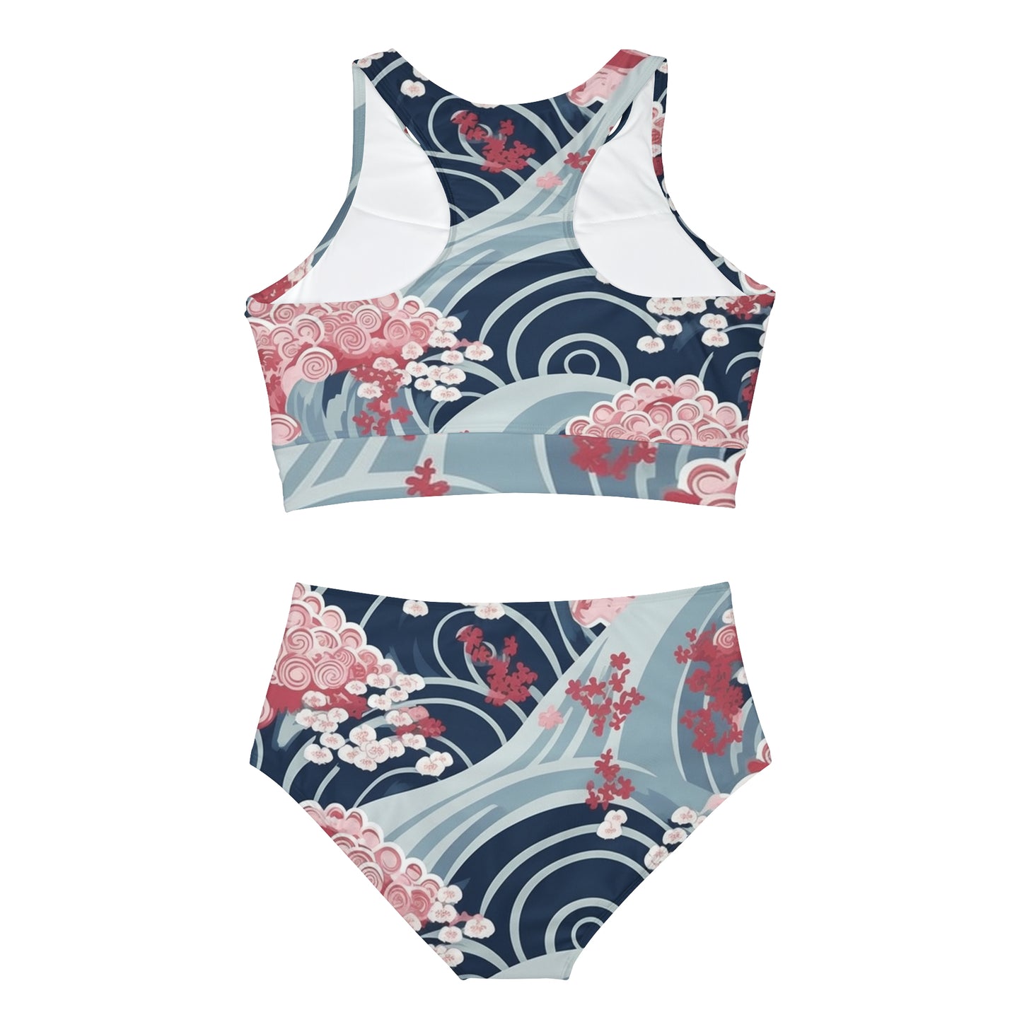 Japanese Minimalist Waves & Cherry Blossoms Pattern Sporty Bikini Set (AOP)