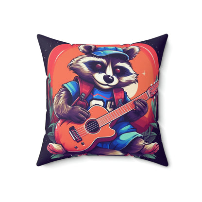 Mapache de guitarra acústica - Almohada cuadrada de poliéster hilado con decoración de músico animal peludo 