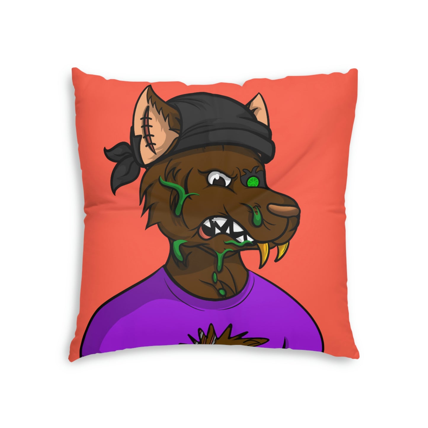 Brown Fur Wolve Cyborg Black Bandana Wolf Tufted Floor Pillow, Square