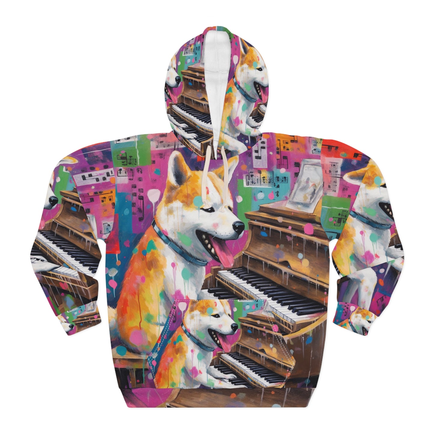 Arte estilo graffiti Shiba Inu tocando el piano: sudadera con capucha unisex colorida, feliz y post-apocalíptica (AOP) 