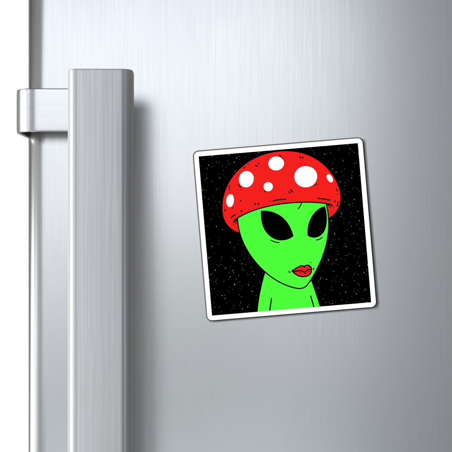 Mushroom Head Green Alien Visitor w/ Red Lips Magnets