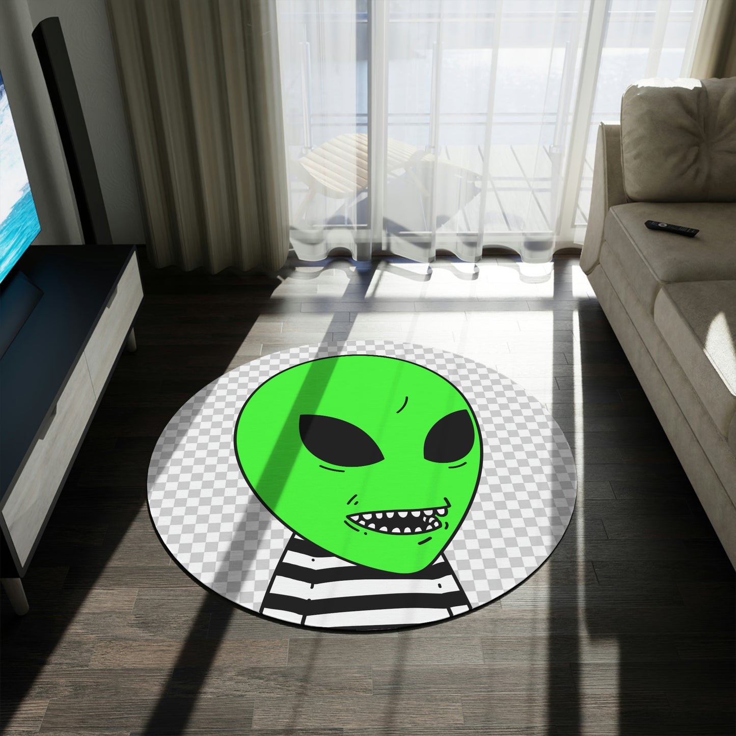 Green Alien Sharp Teeth Mouth Striped Black White Shirt Visitor Round Rug - Visitor751