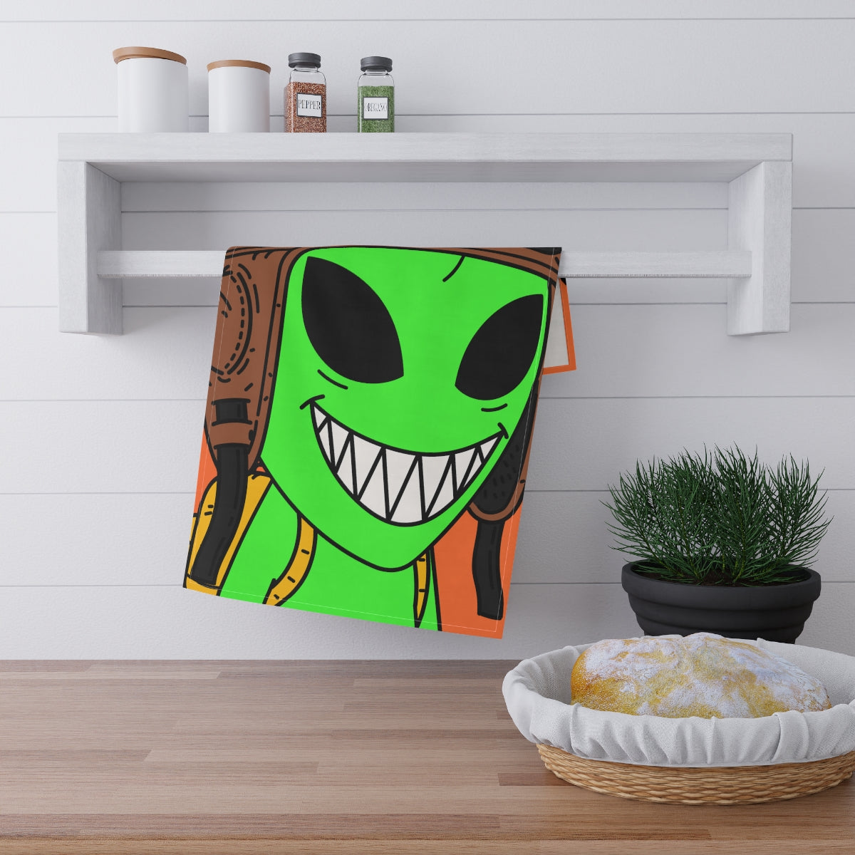 Aviador gorra voladora verde alienígena visitante gran sonrisa dientes mochila amarilla toalla de cocina 