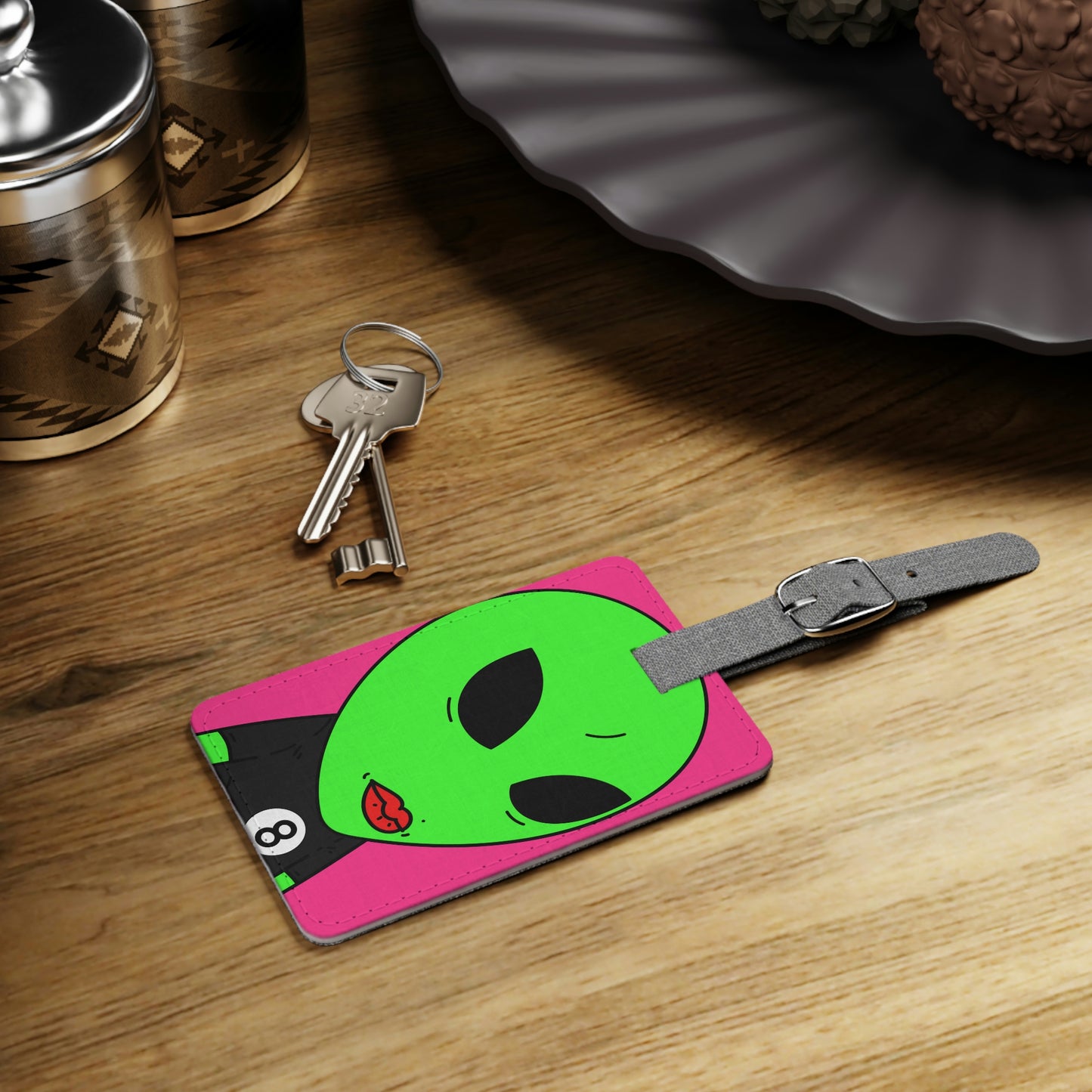 8 Ball Green Alien Lipstick Visitor Pool Player Game Saffiano Polyester Luggage Tag, Rectangle