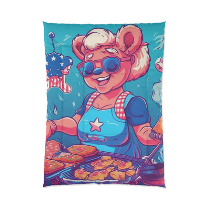 Patriotic Bear Chef: Female Cook Woman Bringing Flavor and American Pride Comforter