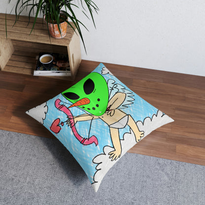 Valentine Alien Heart Love Veggie Visi Vegetable Visitor Tufted Floor Pillow, Square