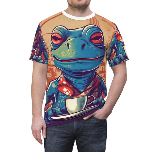 Frog Coffee Drinker Shop オールドクラシックグラフィック ユニセックス カットソー Tシャツ (AOP) 