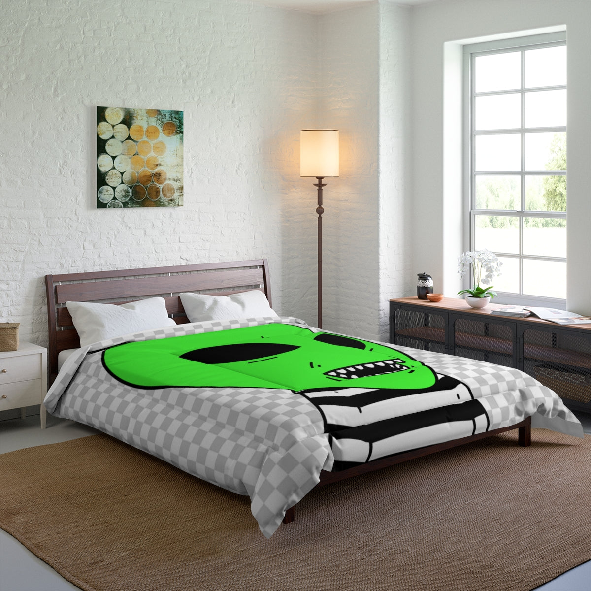 Green Alien Sharp Teeth Mouth Striped Black White Shirt Visitor Bed Comforter