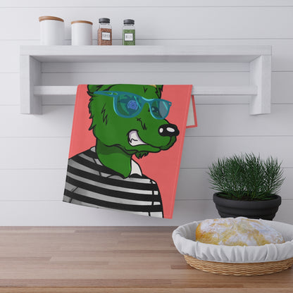 Cyborg Wolf Green Fur Striped Shirt Gold Sailor Hat Blue Glasses Kitchen Towel