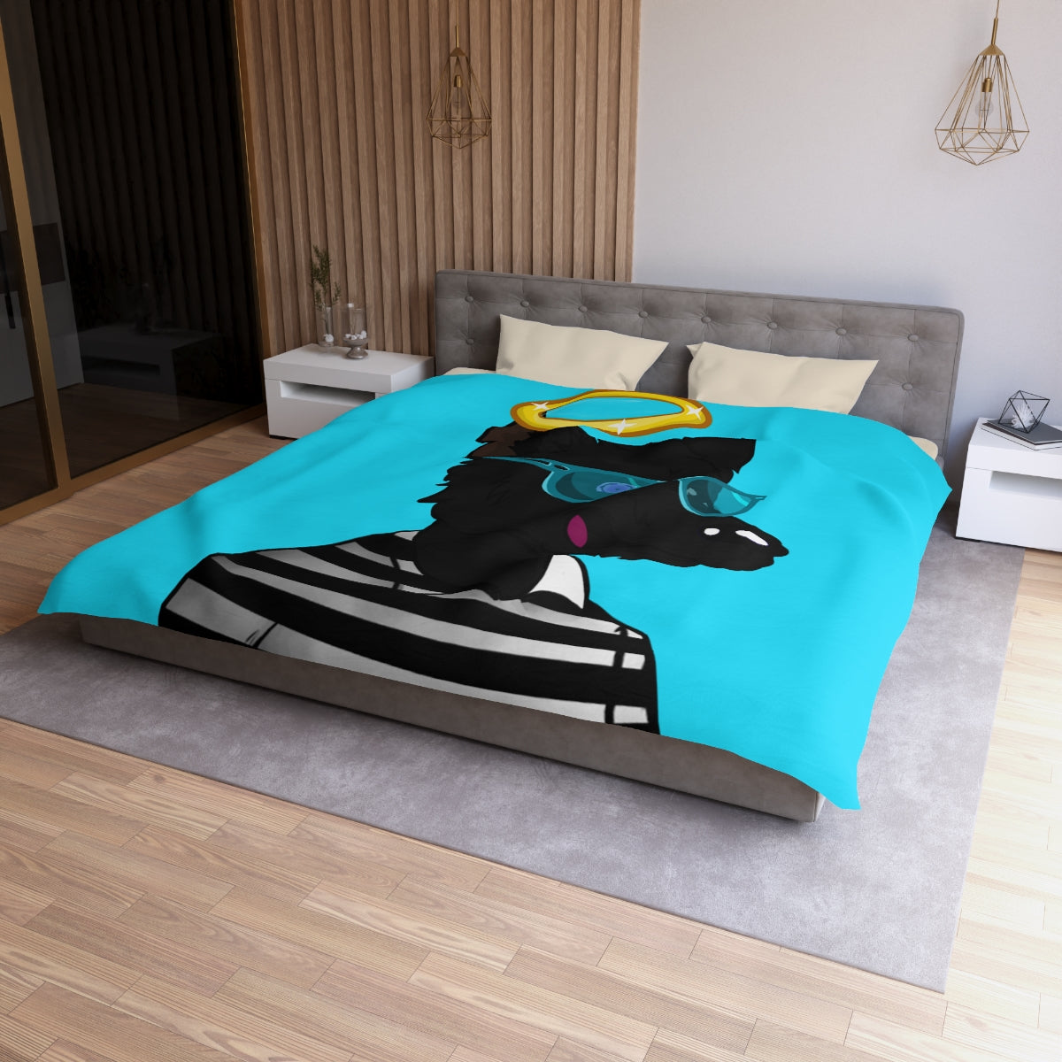 Cyborg Wolve Angel Halo Striped Shirt Glasses Wolf Microfiber Duvet Cover