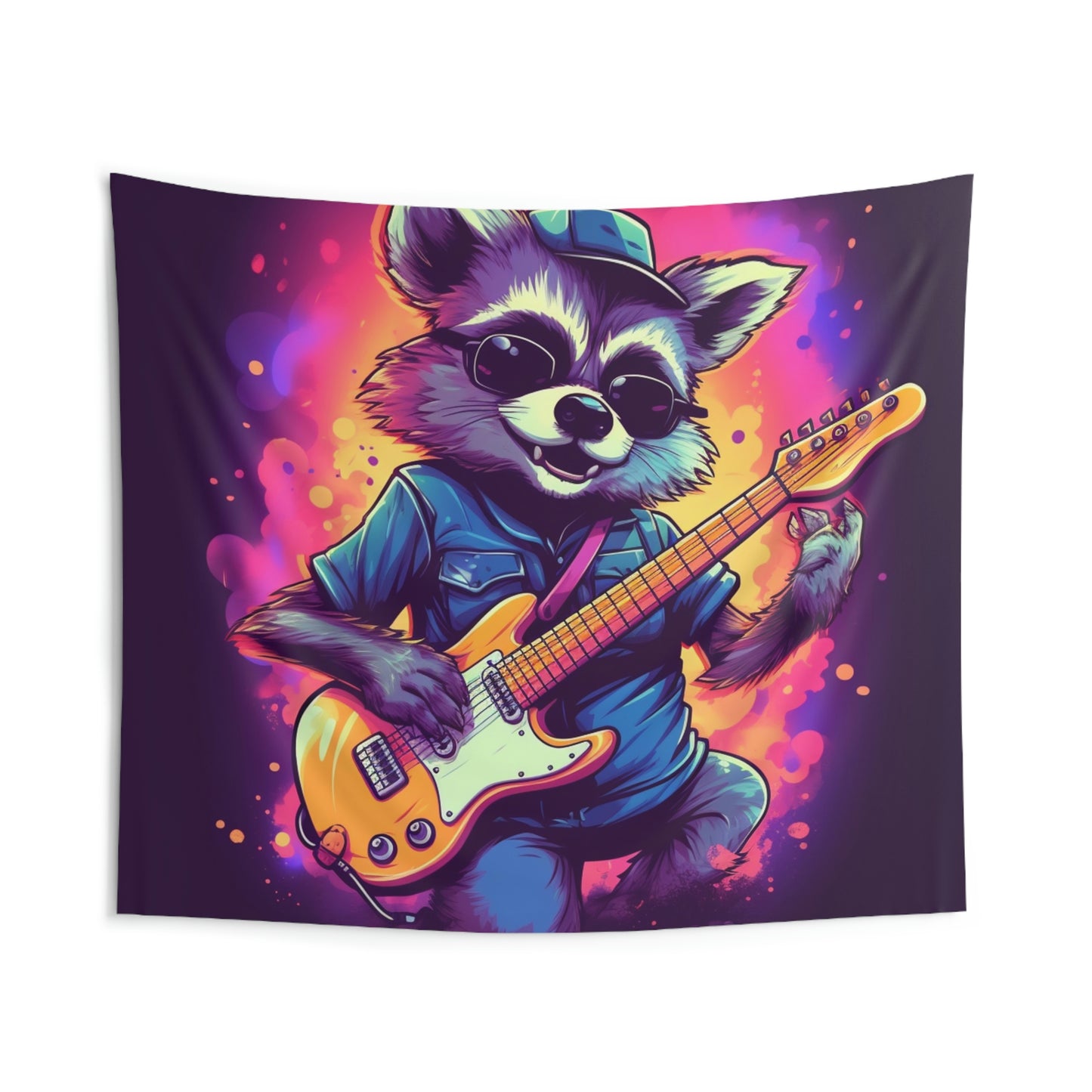 Guitarrista de mapache peludo - Tapices de pared para interiores con decoración musical de animales de estrella de rock 