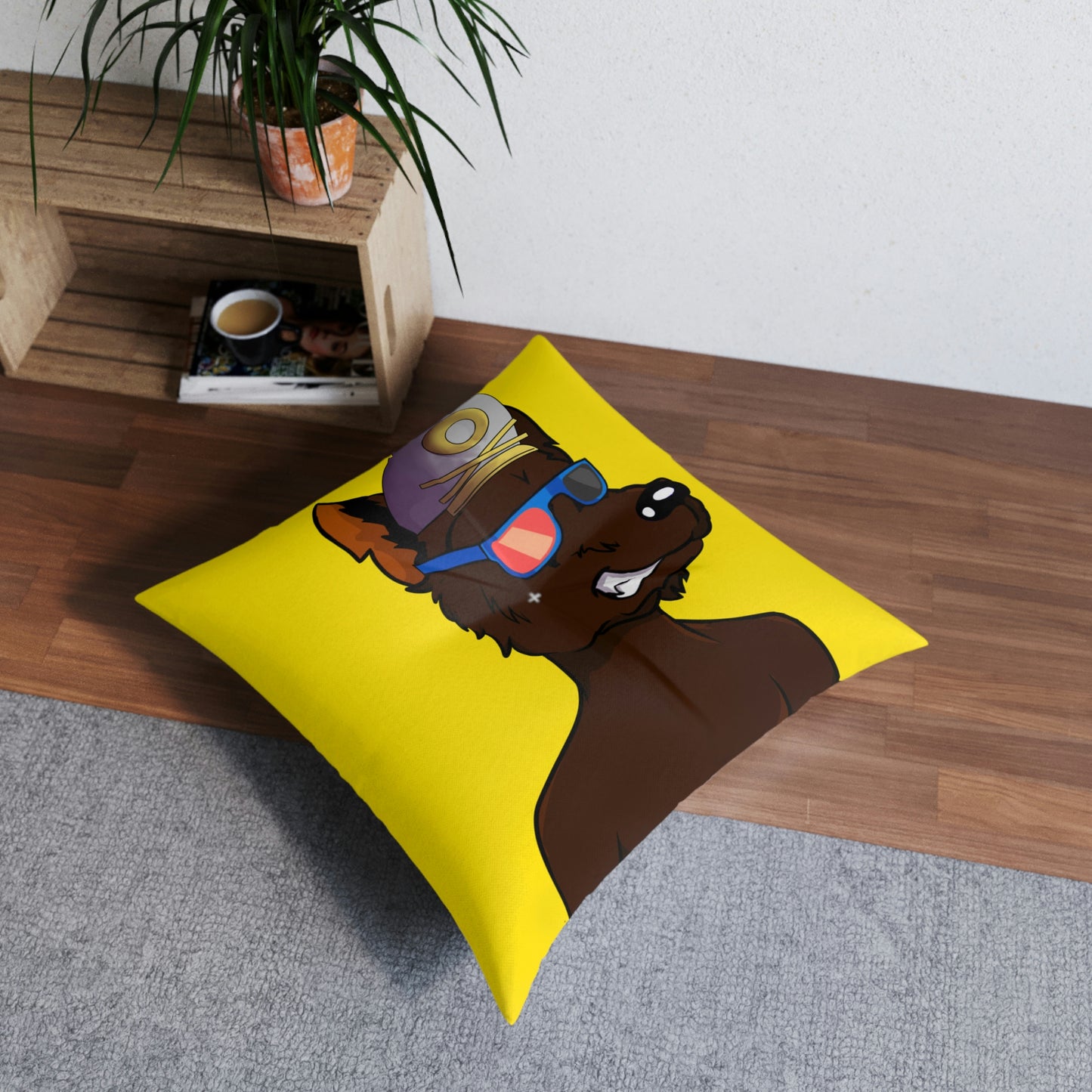 Wolf Cyborg Sailor Hat Shirtless Sunglasses Brown Fur Tufted Floor Pillow, Square