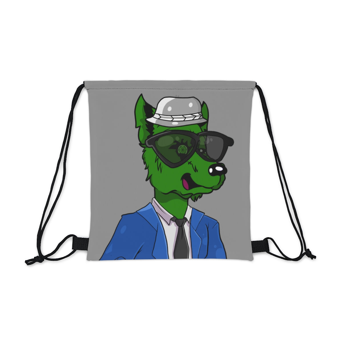 Cyborg Wolf Blue Suit Black Tie Green Fur Black Shades grey Fedora Outdoor Drawstring Bag