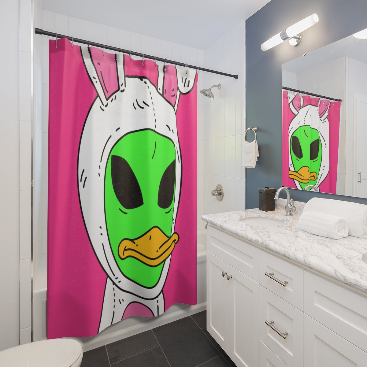 Cortinas De Ducha Extraterrestre Con Cara De Pato Visitante Verde Con Orejas De Conejito