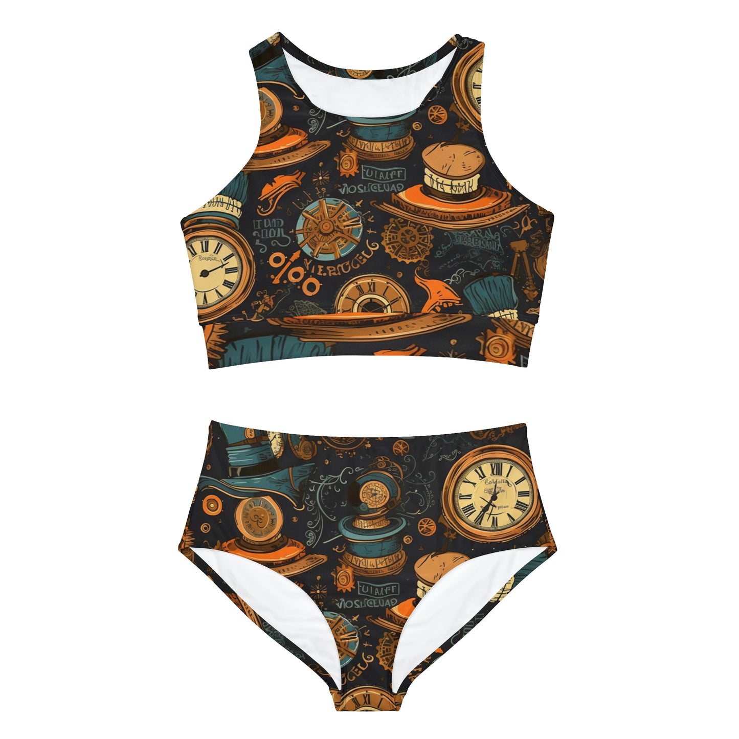 Steampunk Aesthetic: Gears, Top Hats & Vintage Clocks Design Sporty Bikini Set (AOP)