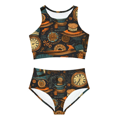 Steampunk Aesthetic: Gears, Top Hats & Vintage Clocks Design Sporty Bikini Set (AOP)