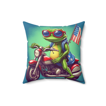 Frog Cartoon Anime USA Patriotic Motorcycle Rider Graphic Spun Polyester Square Pillow