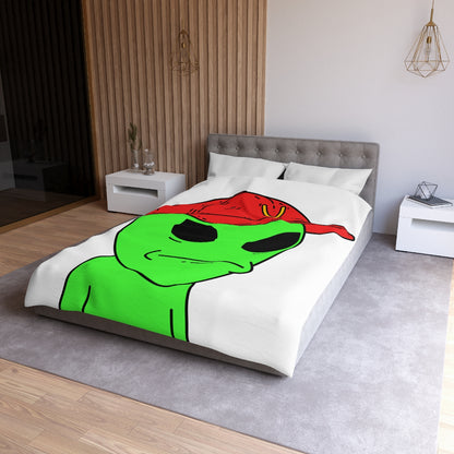 Green Visitor Alien Large Face Red V Hat Microfiber Duvet Cover