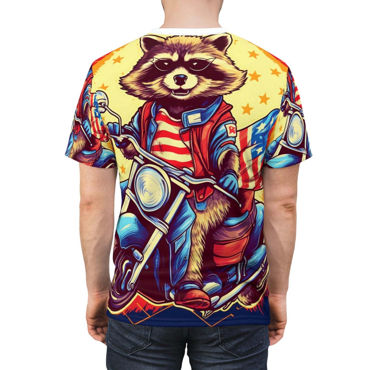 Red White and Blue American Raccoon Biker Motorcyclist Graphic Unisex Cut & Sew Tee (AOP)