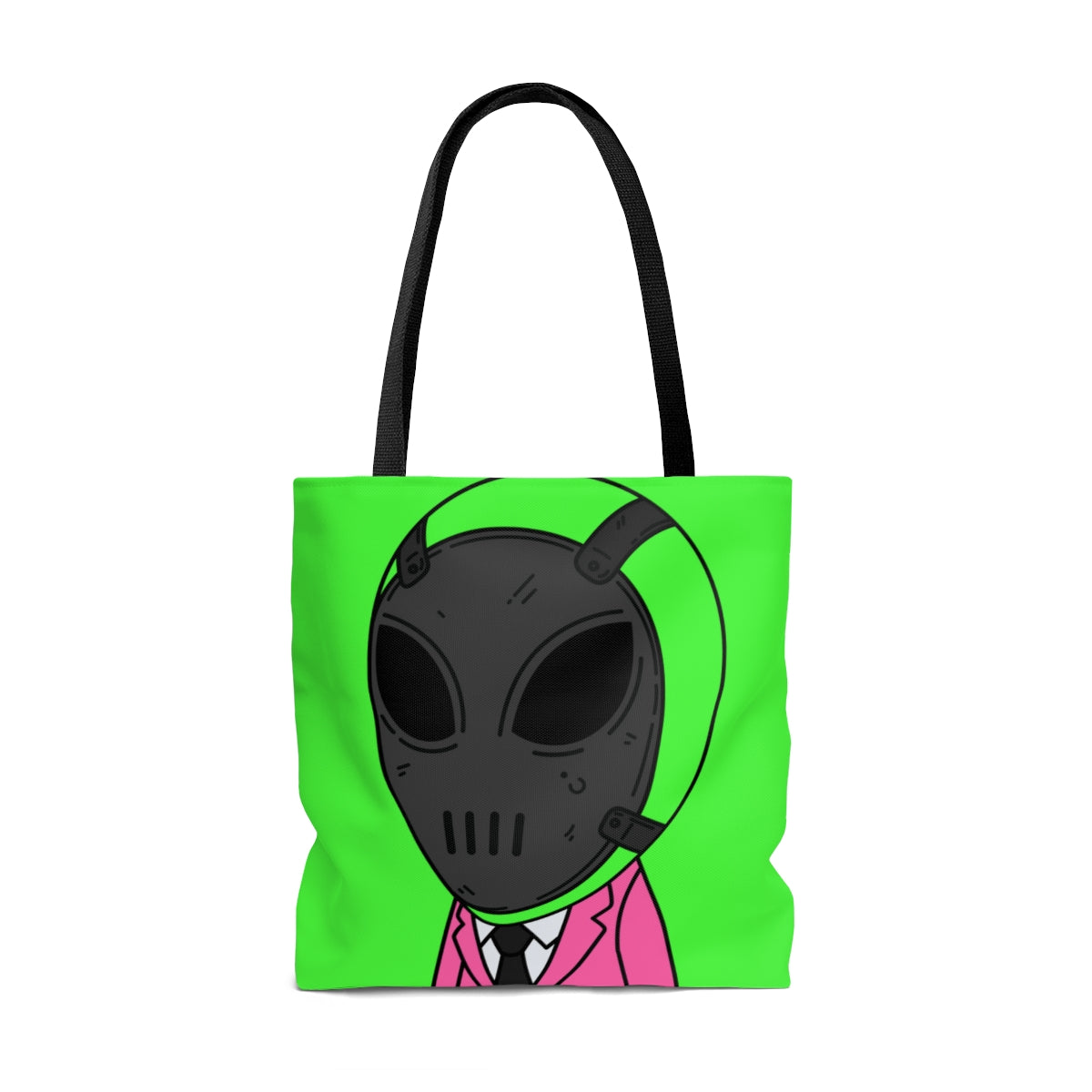 Green Alien Black Space UFO Mask Pink Suit Visitor AOP Tote Bag