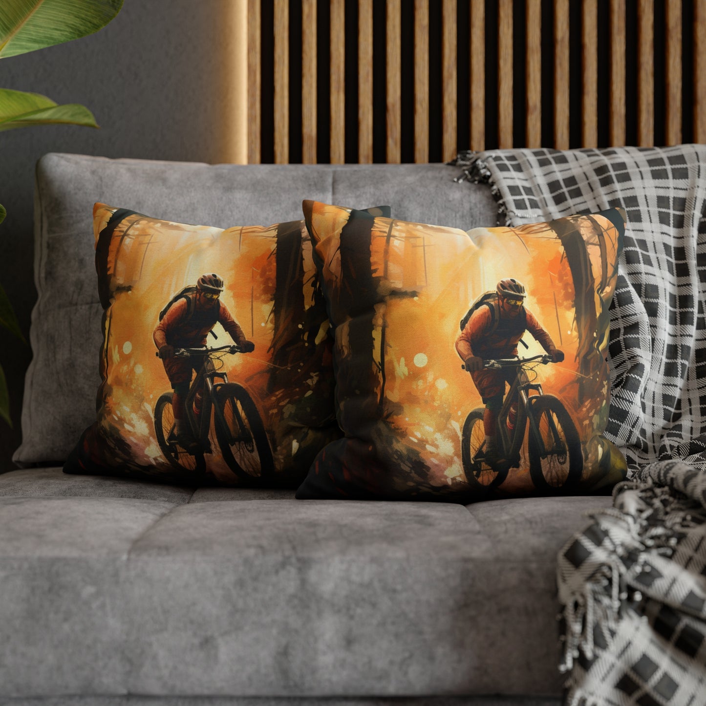 Mountain Bike Adventure - Forest Trail Graphic Spun Polyester Square Pillow Case