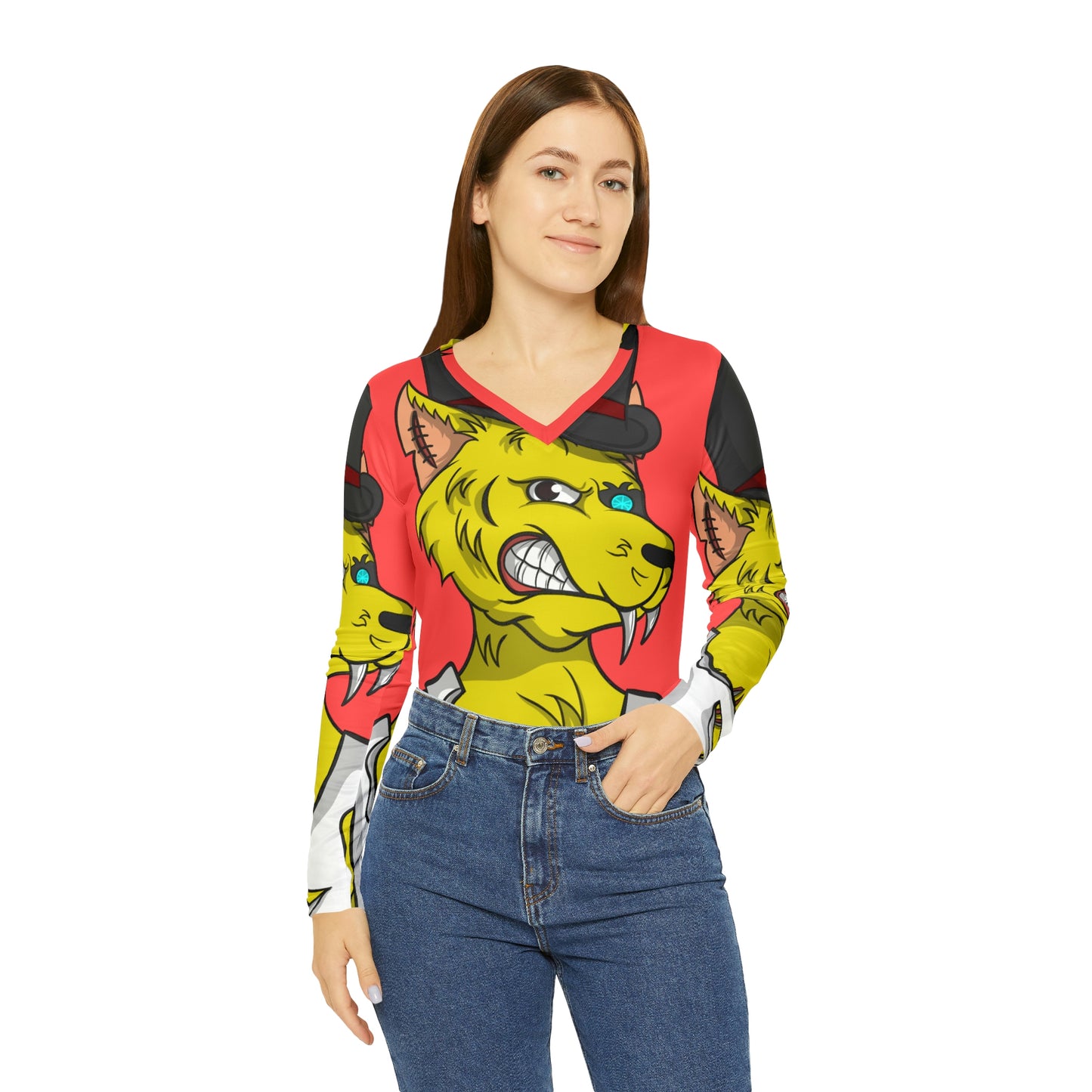 Top Hat Werewolve Cyborg Wolf Graphic Camisa de manga larga con cuello en V para mujer 