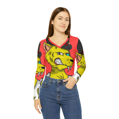 Top Hat Werewolve Cyborg Wolf Graphic Women's Long Sleeve V-neck Shirt