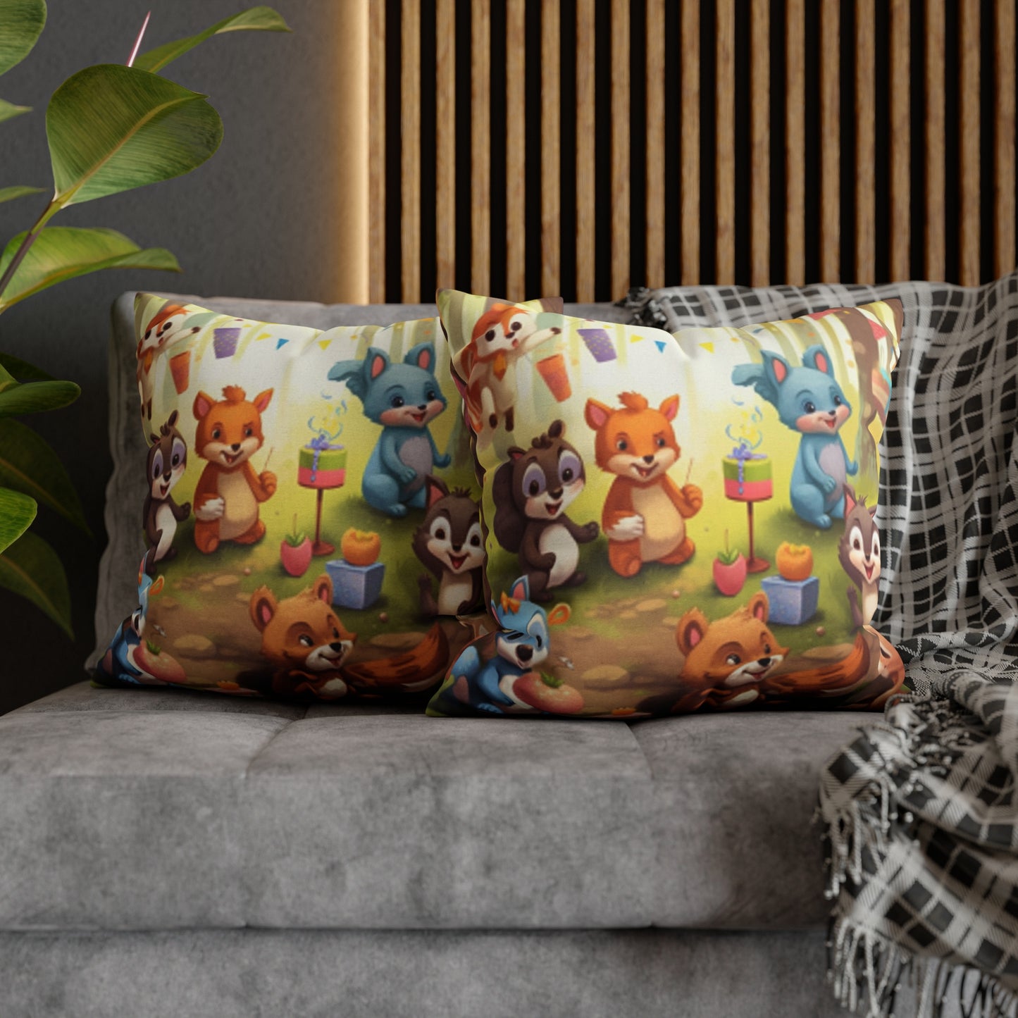 Nursery Art - Cartoon Forest Animals Party Design Spun Polyester Square Pillow Case