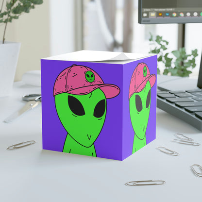 Cubo de notas de visitante con cara de Alien V verde y sombrero Visi rosa