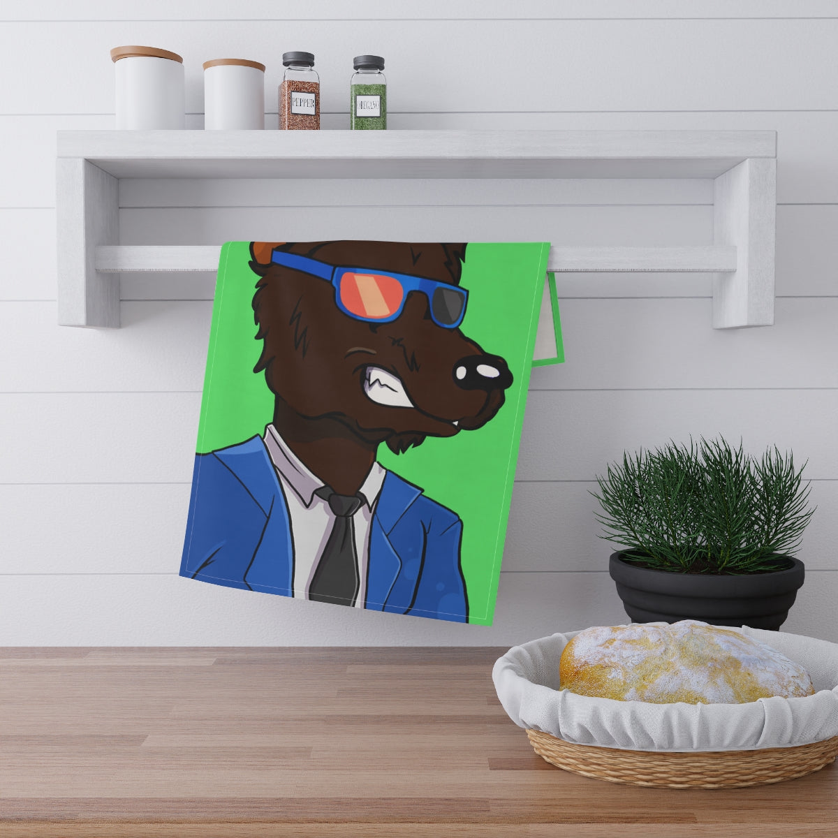 Brown Wolf Fur Blue Suit Business Tie Werewolf Tea Kitchen Towel