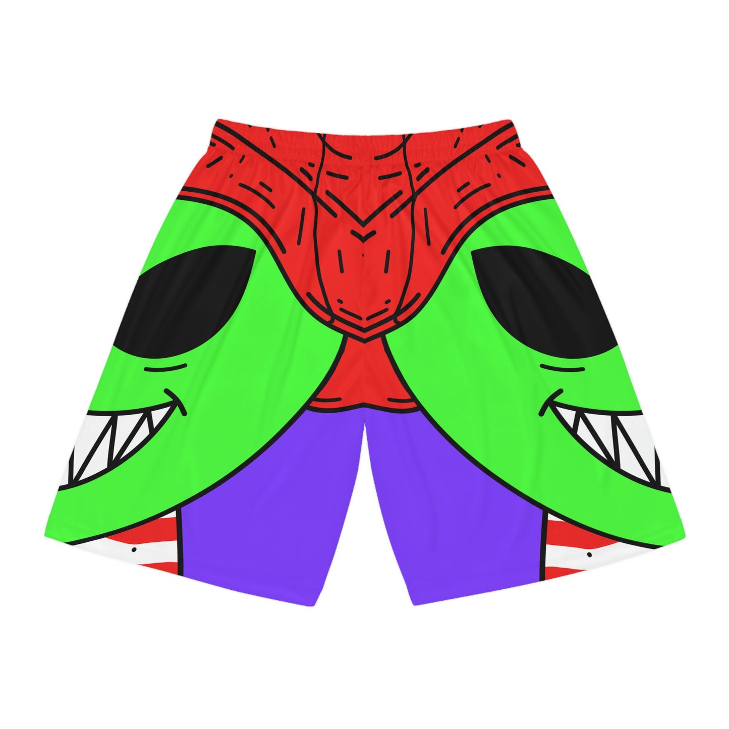 Personaje Alien Dibujos Animados Sombrero Rojo Camisa Rayas Gran Sonrisa Pantalones Cortos Baloncesto 