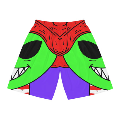 Personaje Alien Dibujos Animados Sombrero Rojo Camisa Rayas Gran Sonrisa Pantalones Cortos Baloncesto 