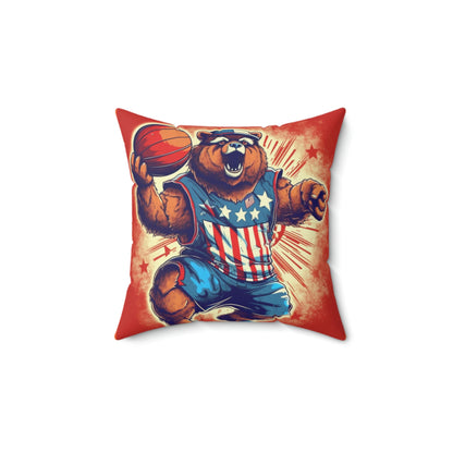 Slam Dunk for Independence:Patriotic Bear's 4th of July Basketball Game Spun Polyester Square Pillow