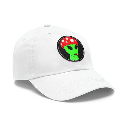 Mushroom Head Green Alien Visitor w/ Red Lips Dad Hat with Leather Patch (Round)