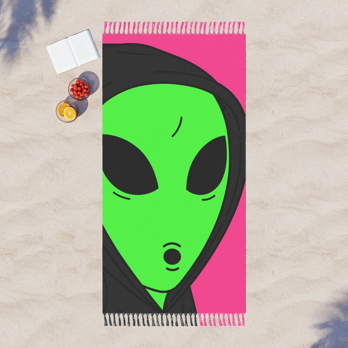 The Visitor Green Alien Black Hoodie Pink Background Boho Beach Cloth