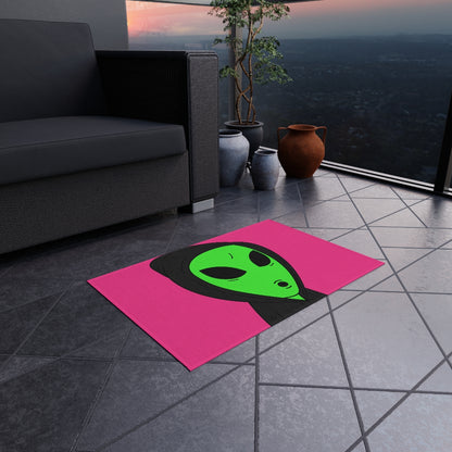 The Visitor Green Alien Black Hoodie Pink Background Outdoor Rug