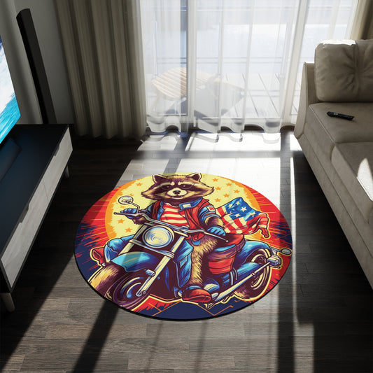 Red White and Blue American Raccoon Biker Motorcyclist Graphic Round Rug