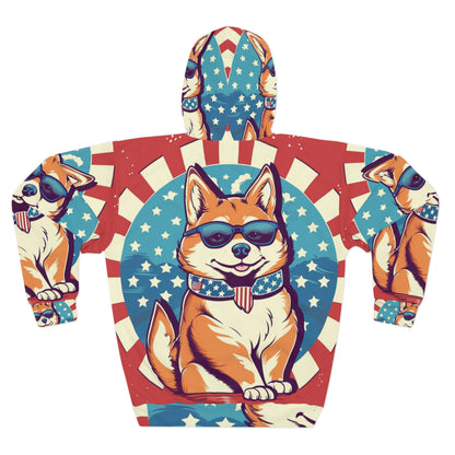 Patriótico Shiba Inu Retro Cartoon -Synthwave Summer Animation Sudadera con capucha unisex (AOP) 