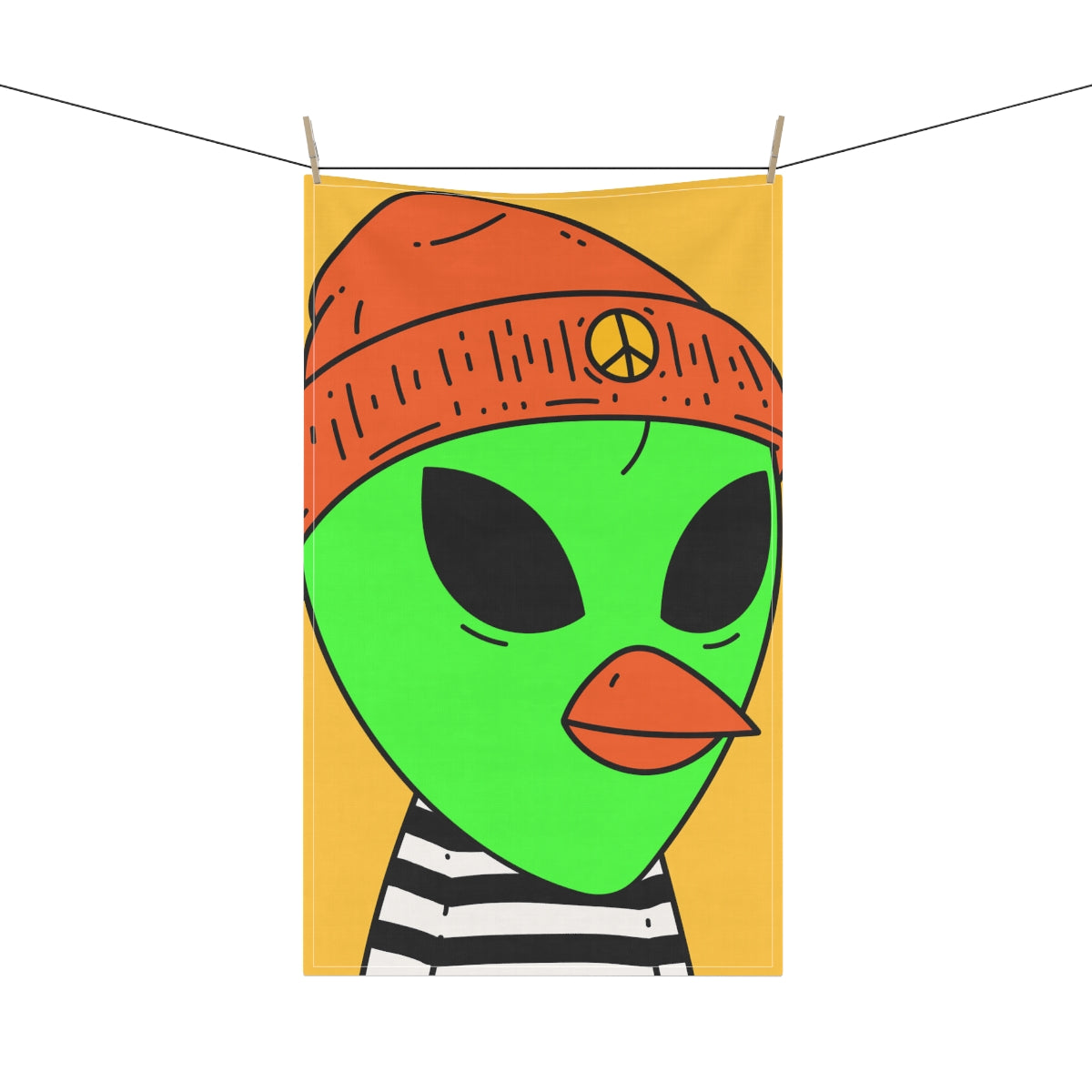 Burb Beak Green Alien Orange Peace Hat Black White Striped Shirt Kitchen Towel