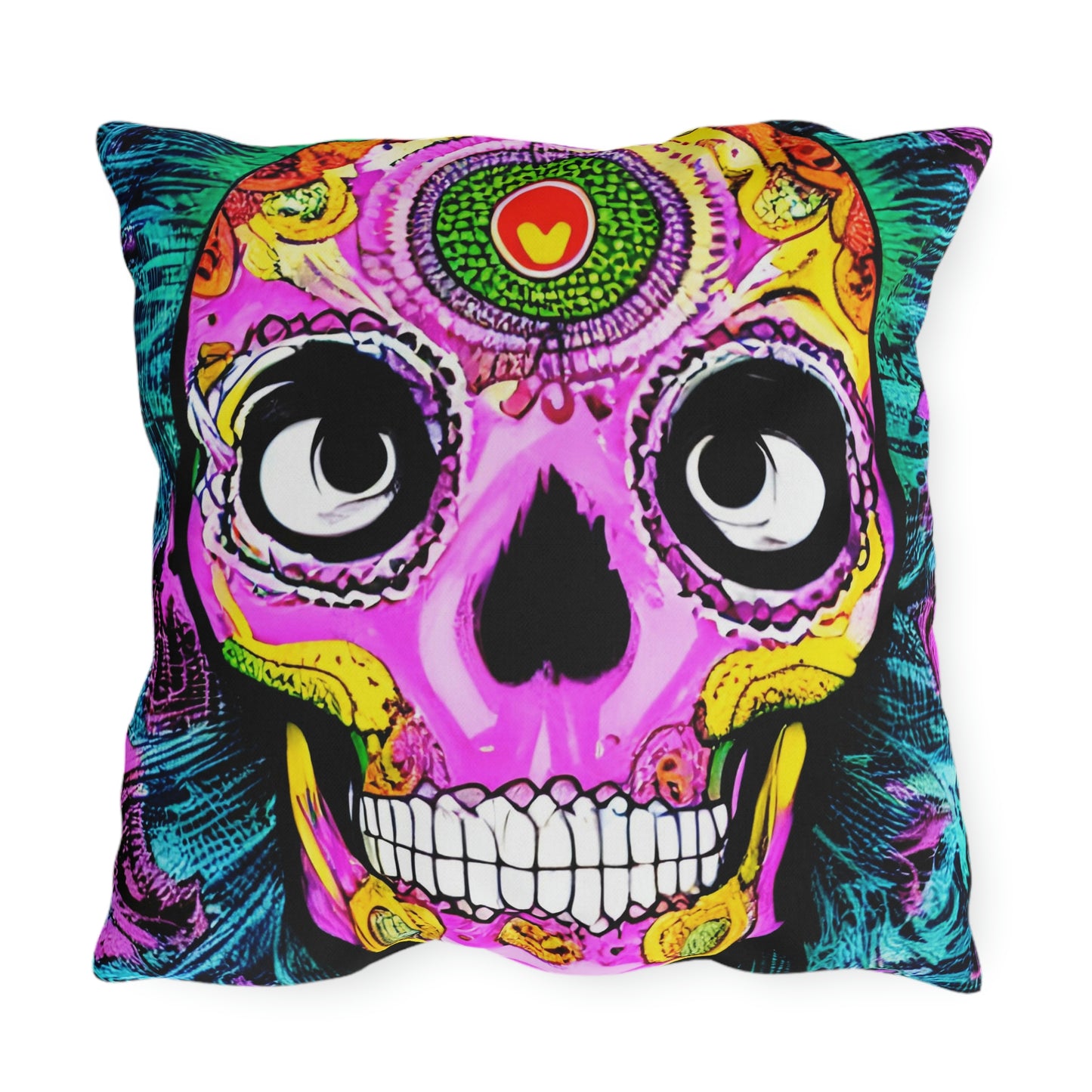 Trippy psychedelic Skull Skeleton Head Face Outdoor Pillows