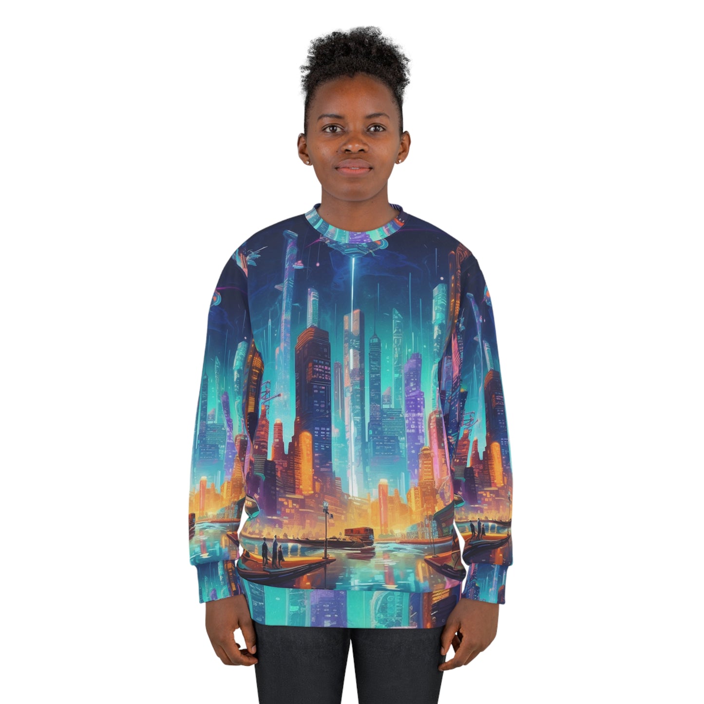 Sudadera unisex futurista de neón Cyberpunk Cityscape Art Design (AOP)