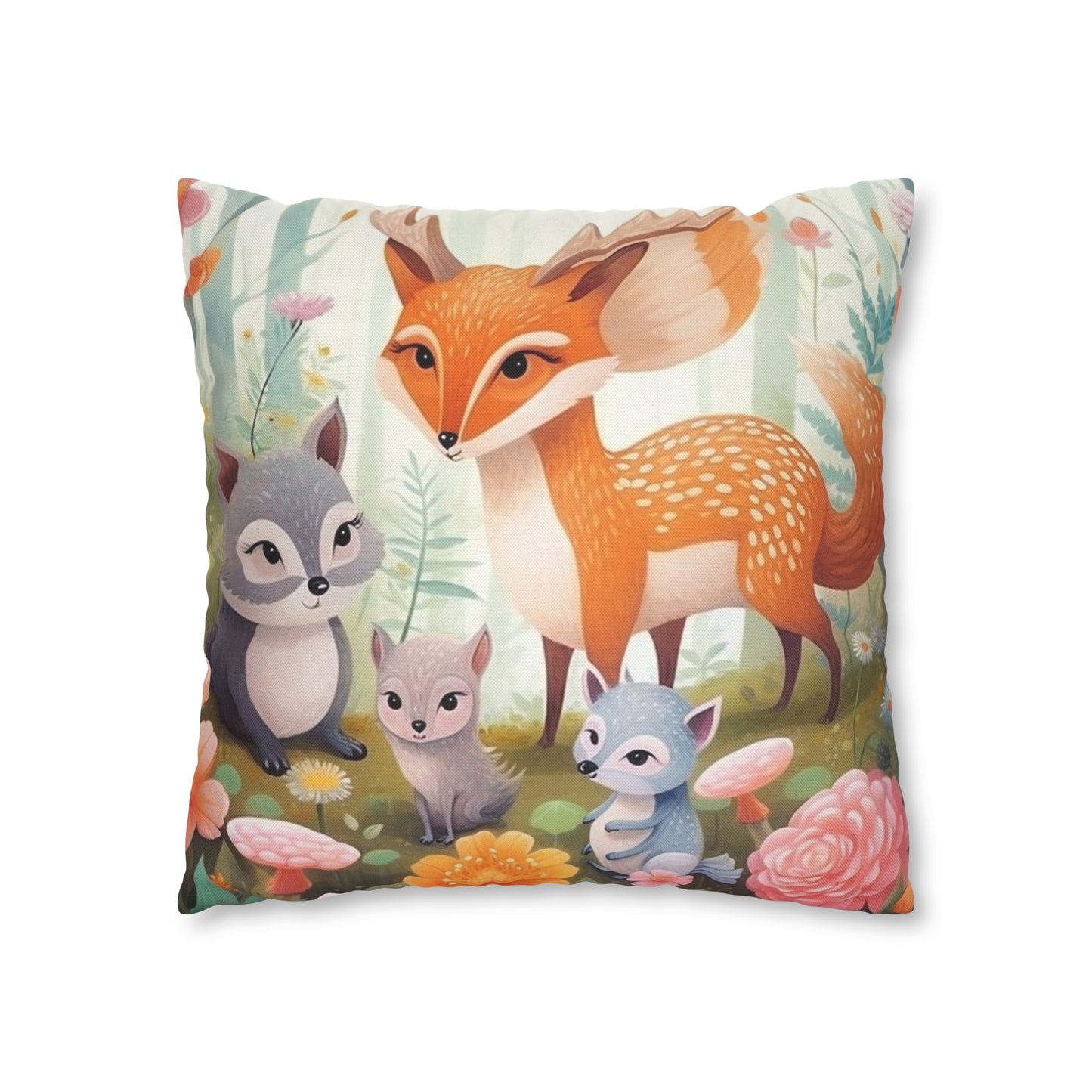 Cute Woodland Creatures Whimsical Animal Art Spun Polyester Square Pillow Case