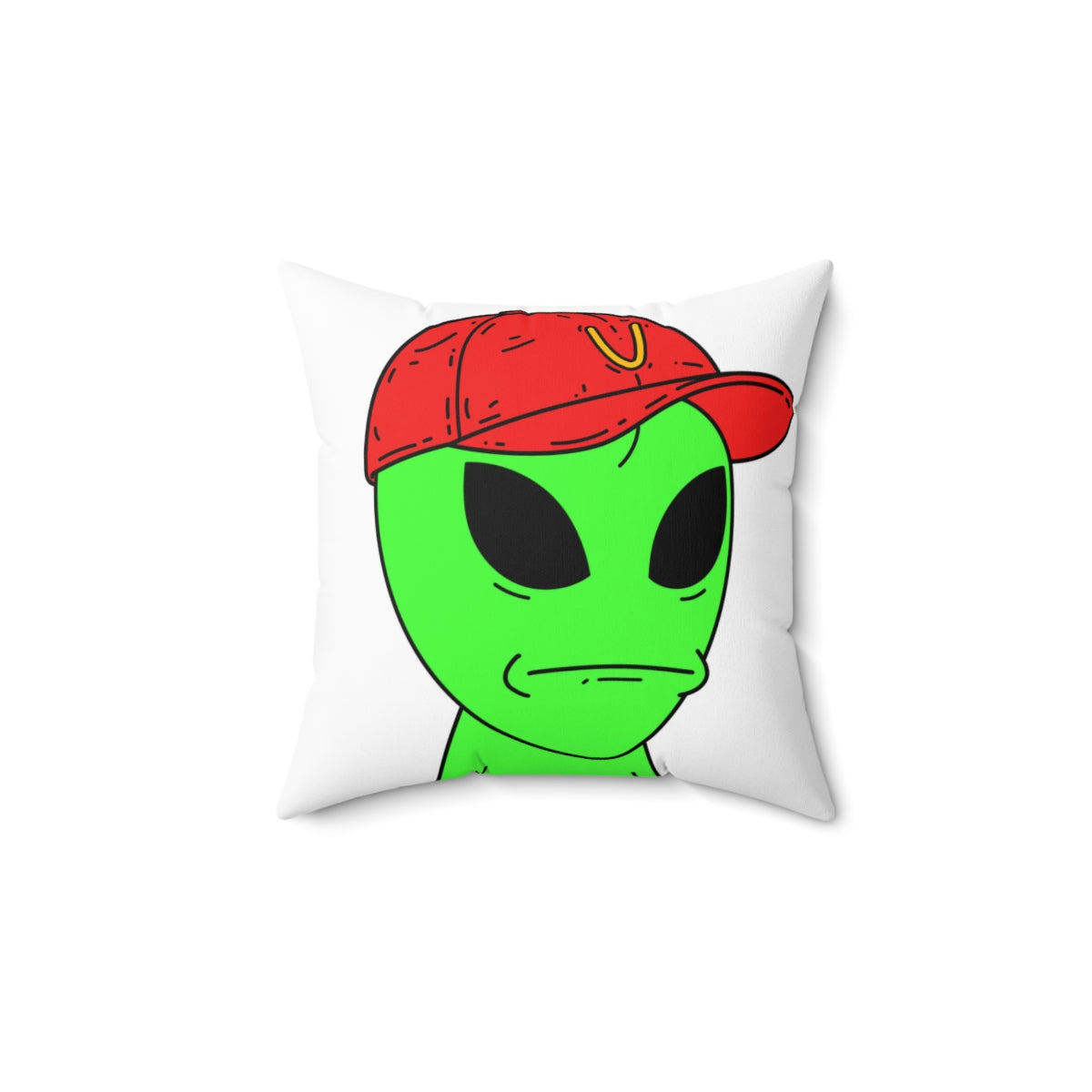 Green Visitor Alien Large Face Red V Hat Spun Polyester Square Pillow