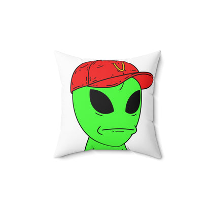 Green Visitor Alien Large Face Red V Hat Spun Polyester Square Pillow