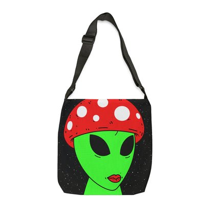 Mushroom Head Green Alien Visitor w/ Red Lips Adjustable Tote Bag (AOP)