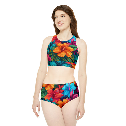 Vibrant Hawaiian-Inspired Tropical Floral Pattern Design Sporty Bikini Set (AOP)