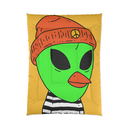 Burb Beak Green Alien Orange Peace Hat Black White Striped Shirt Bed Comforter