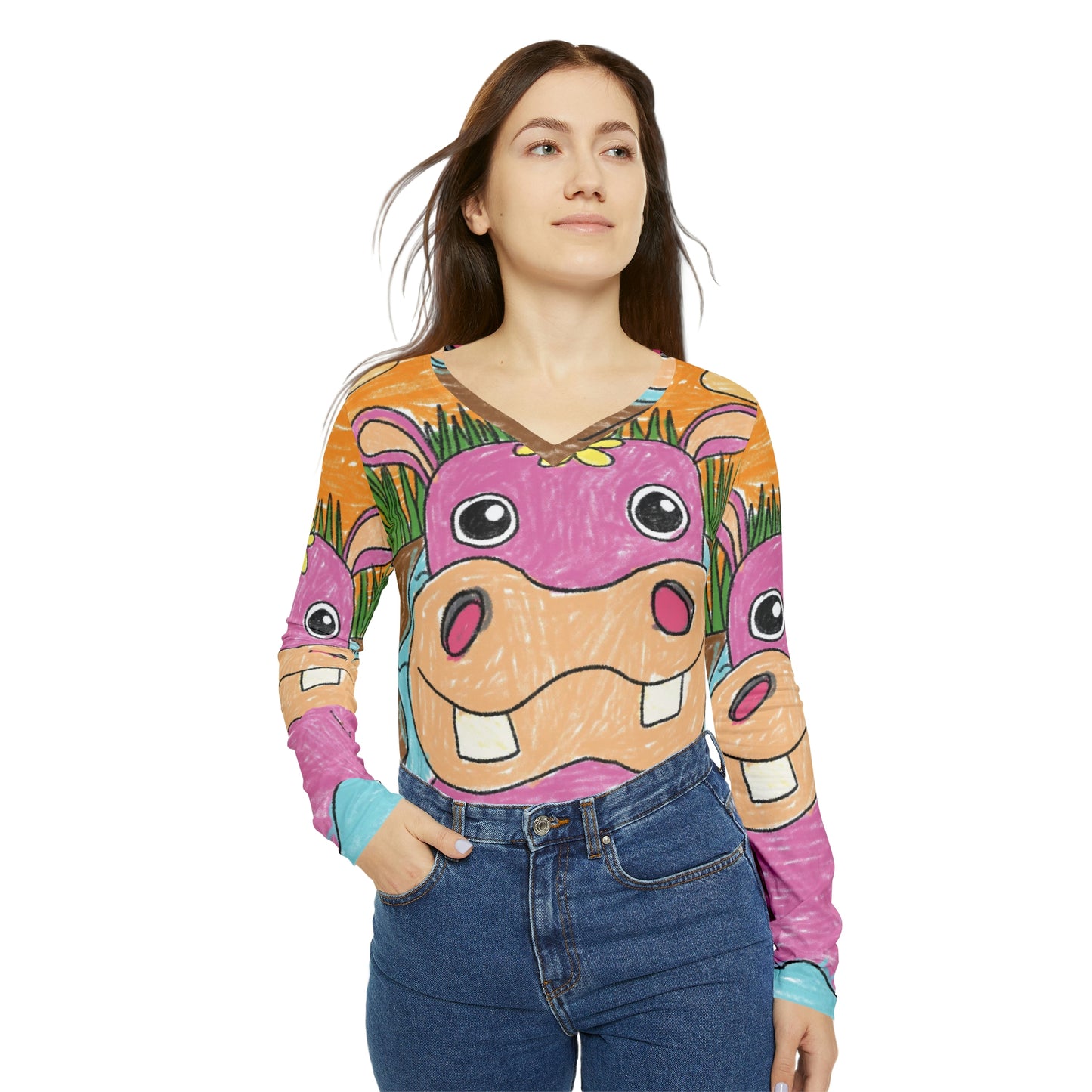 Hippo Hippopotamus Animal Creature Graphic Camisa de manga larga con cuello en V para mujer 